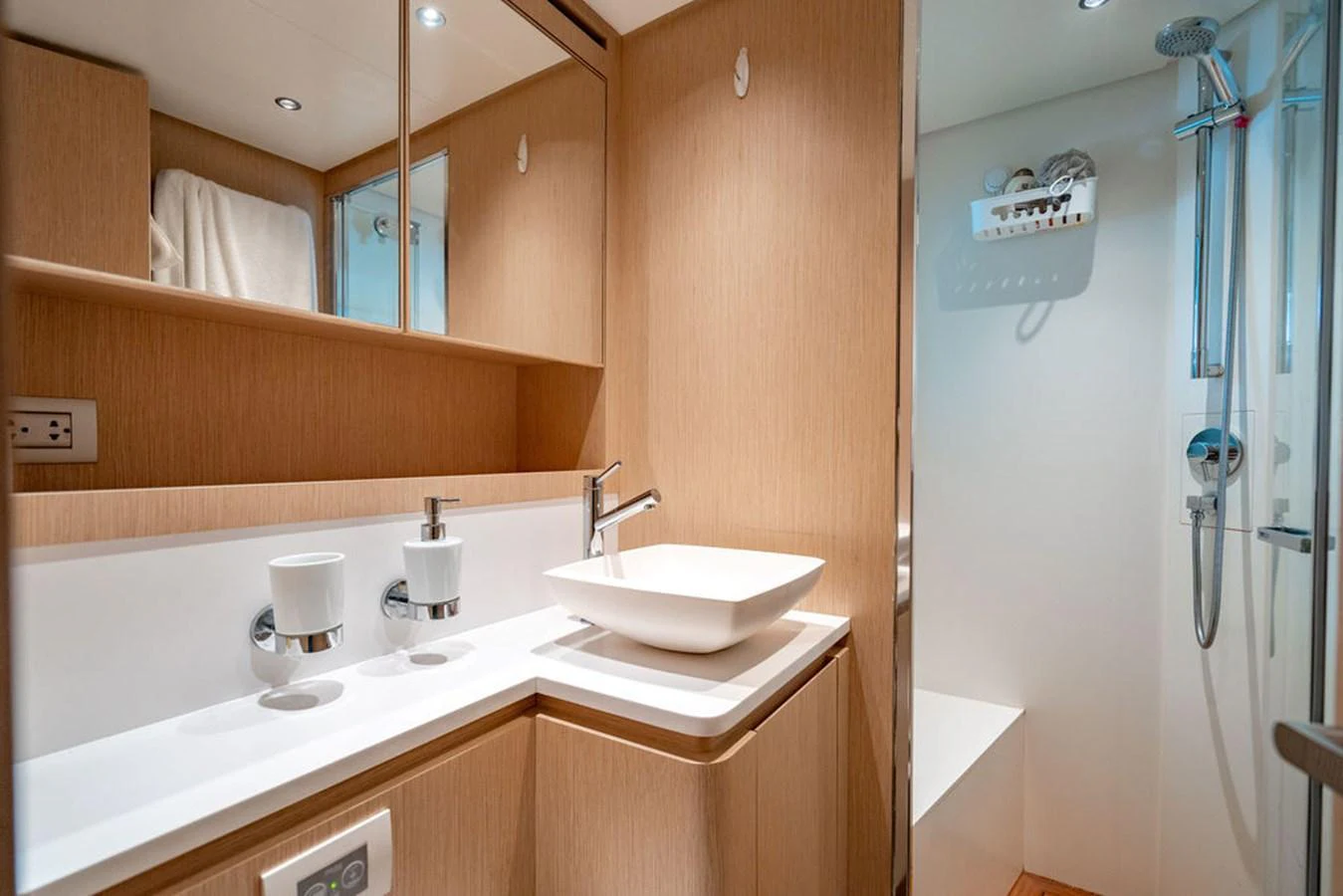 The yacht's bathroom features modern fixtures and a sleek design. aboard SANLORENZO SD118/129 Yacht for Sale