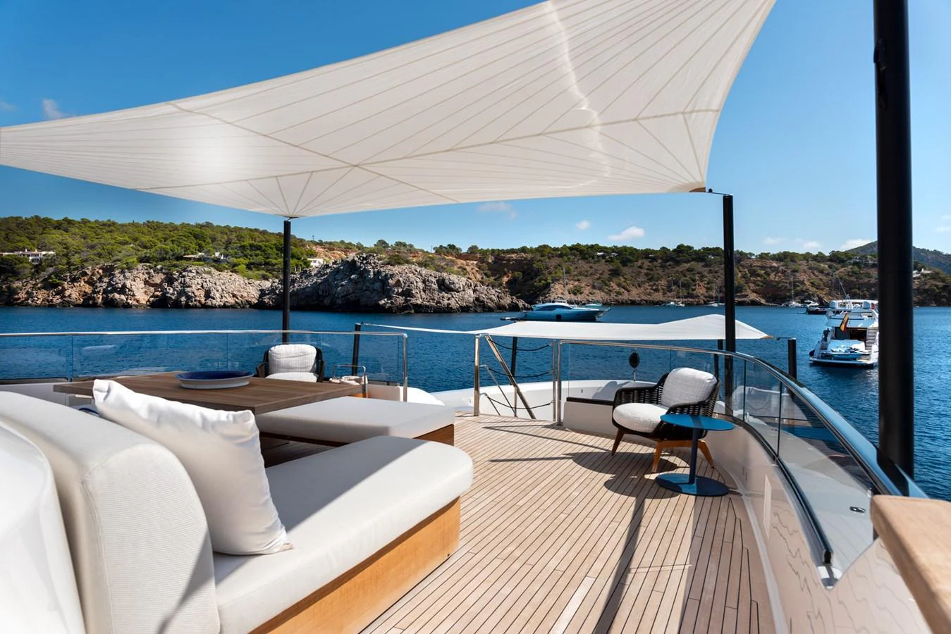 The sundeck offers a luxurious outdoor lounging area with comfortable seating and stunning views of the surrounding waters. aboard AV1 Yacht for Sale