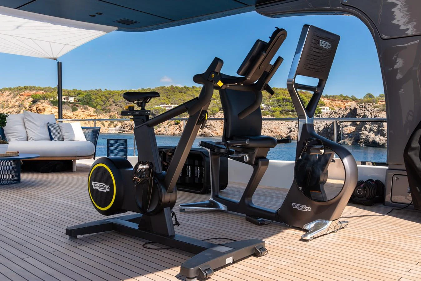 The yacht features a well-equipped outdoor gym with stunning sea views. aboard AV1 Yacht for Sale