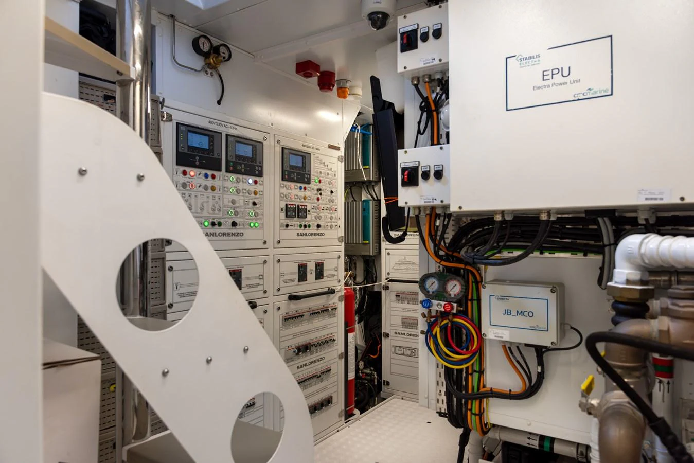 The image showcases the technical and electrical systems within the yacht's engine room. aboard AV1 Yacht for Sale