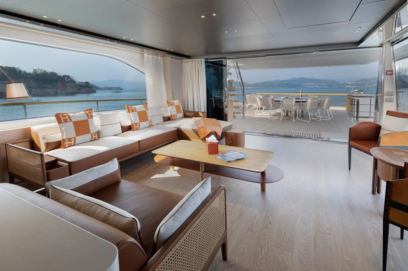The salon offers a spacious and elegant area with panoramic views and direct access to the aft deck. aboard LET IT BE Yacht for Sale