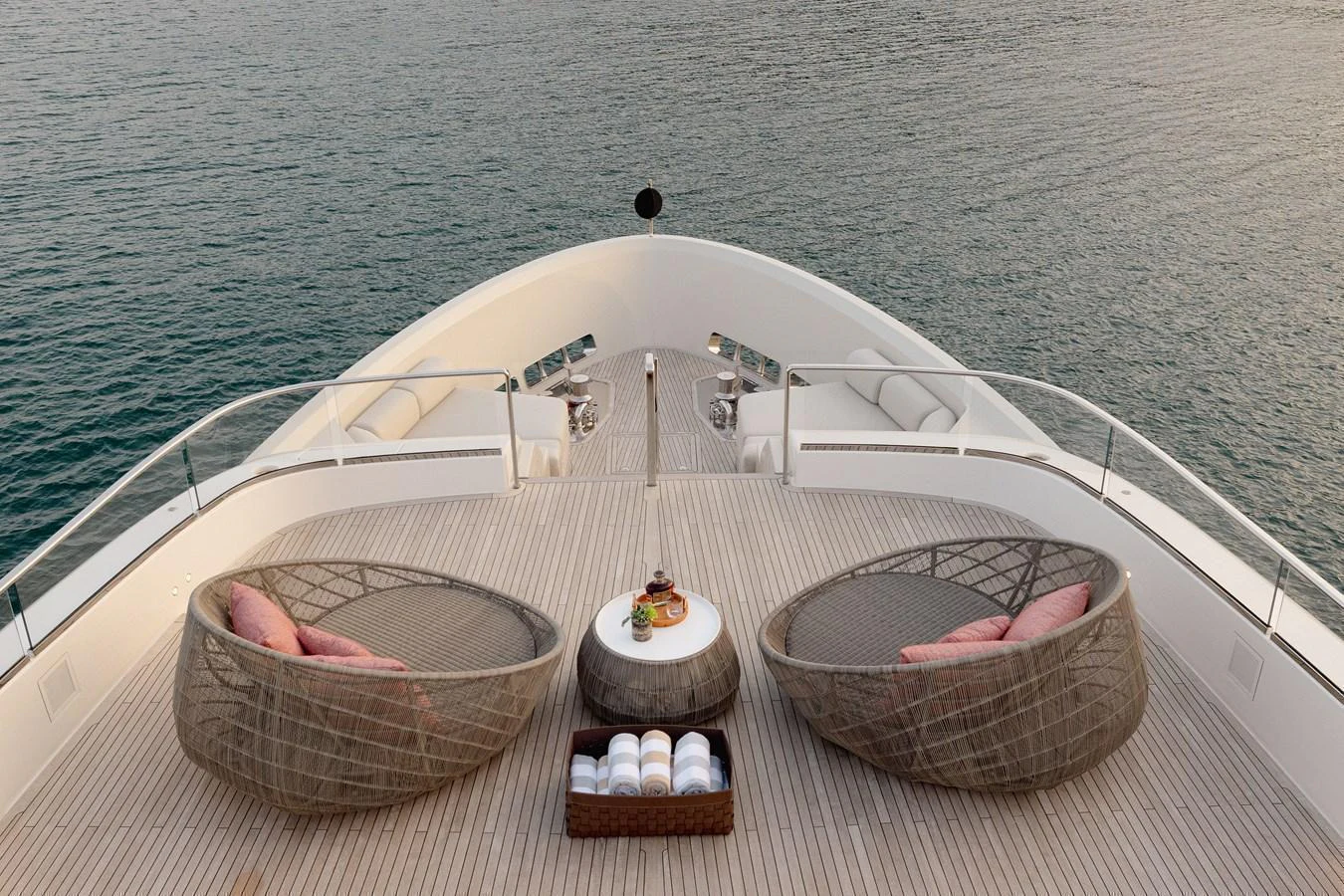 The foredeck features stylish seating with a stunning view of the sea. aboard LET IT BE Yacht for Sale