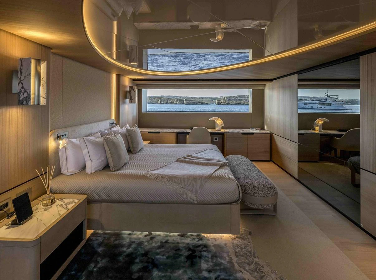The master stateroom offers a luxurious and serene retreat with panoramic views. aboard UNIQUE S Yacht for Sale