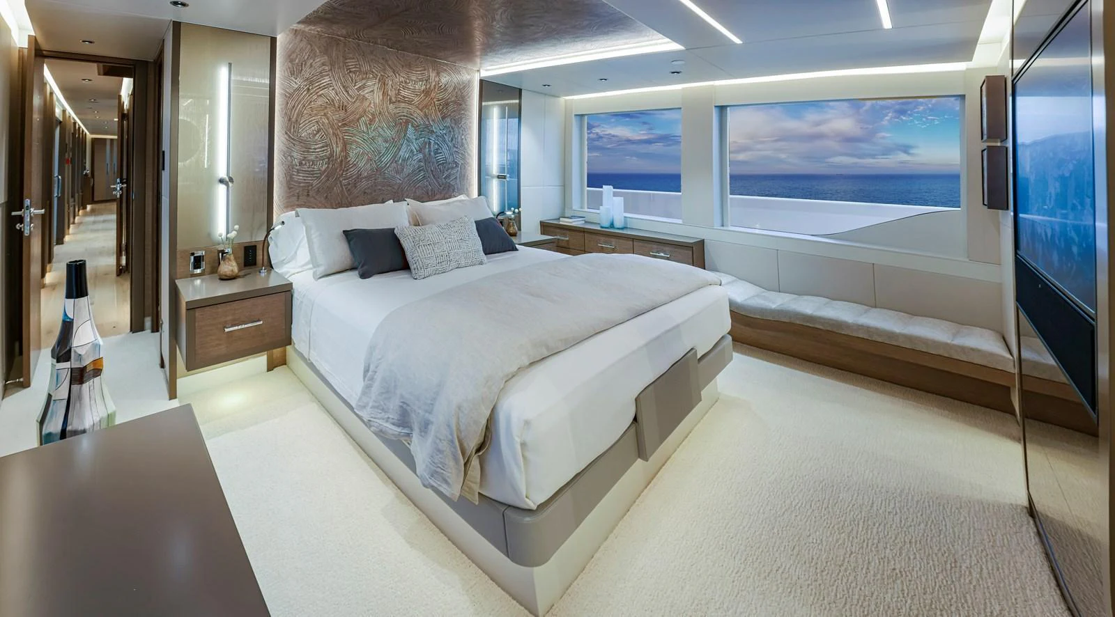 The master stateroom offers a luxurious and spacious retreat with panoramic ocean views. aboard WESTPORT 117 / 35M Yacht for Sale