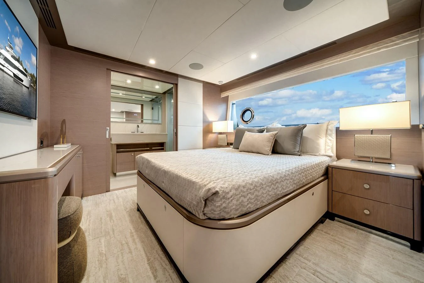 The master stateroom offers a luxurious and serene retreat with ample natural light and elegant furnishings. aboard OCEAN ALEXANDER 37L Yacht for Sale
