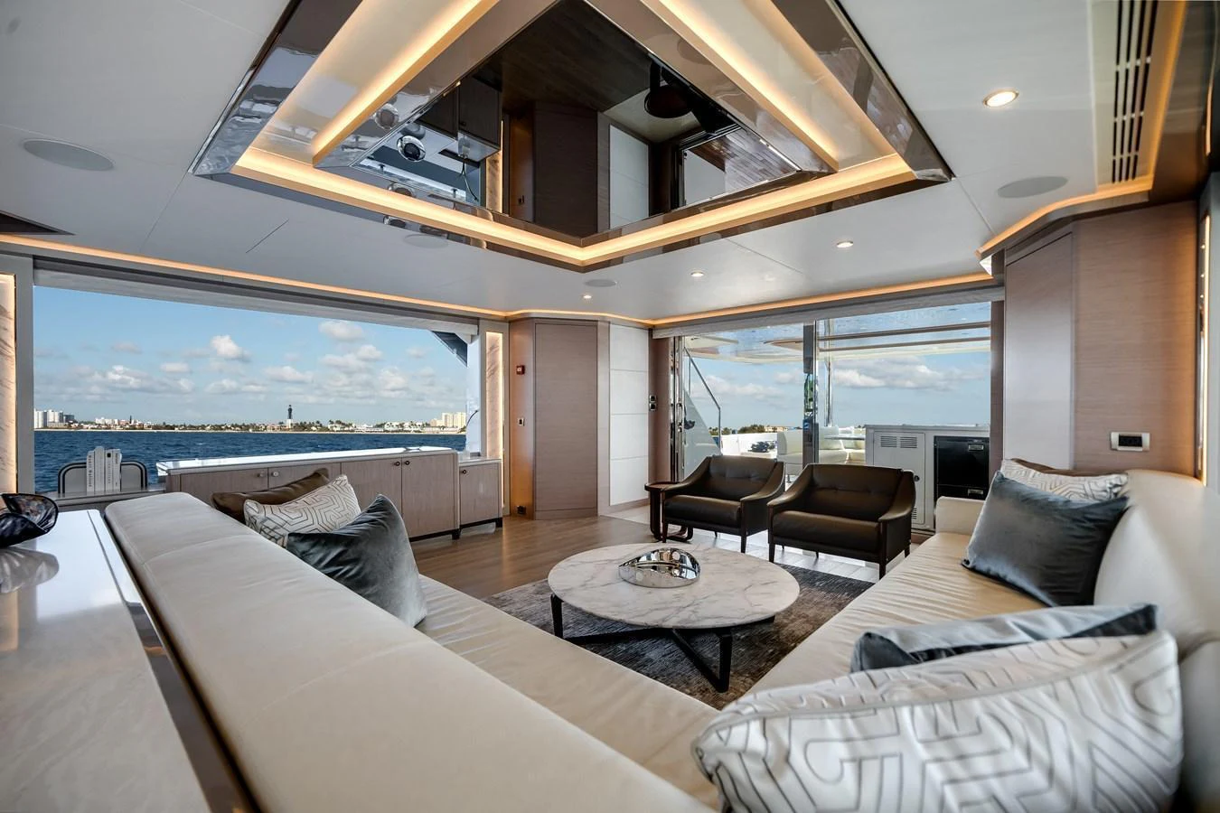The yacht's salon offers a luxurious and spacious seating area with modern decor and panoramic views. aboard OCEAN ALEXANDER 37L Yacht for Sale