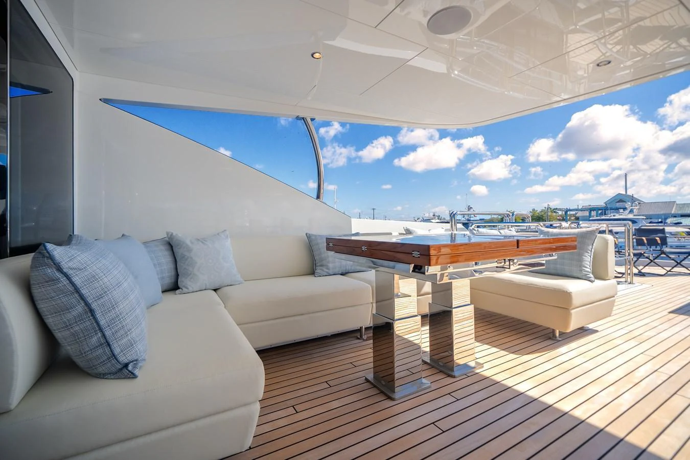 The aft deck features comfortable seating and a stylish table, perfect for outdoor relaxation. aboard OCEAN ALEXANDER 37L Yacht for Sale