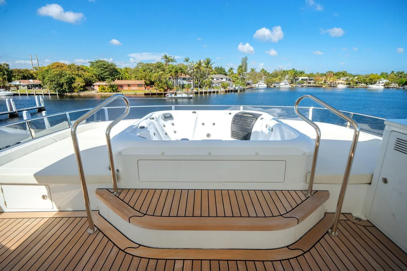 The yacht's sundeck features a luxurious jacuzzi with stunning views of the surrounding waters. aboard OCEAN ALEXANDER 37L Yacht for Sale