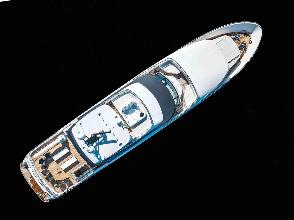 An aerial view of a sleek and modern yacht showcasing its spacious deck and elegant design. aboard OCEAN ALEXANDER 37L Yacht for Sale
