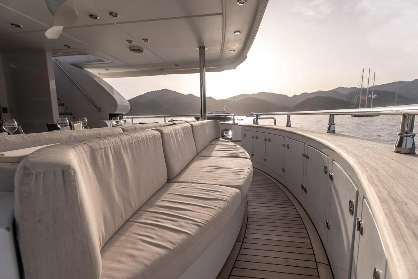 The aft deck offers a spacious and comfortable seating area with stunning views of the surrounding waters. aboard JAFE TICA Yacht for Sale