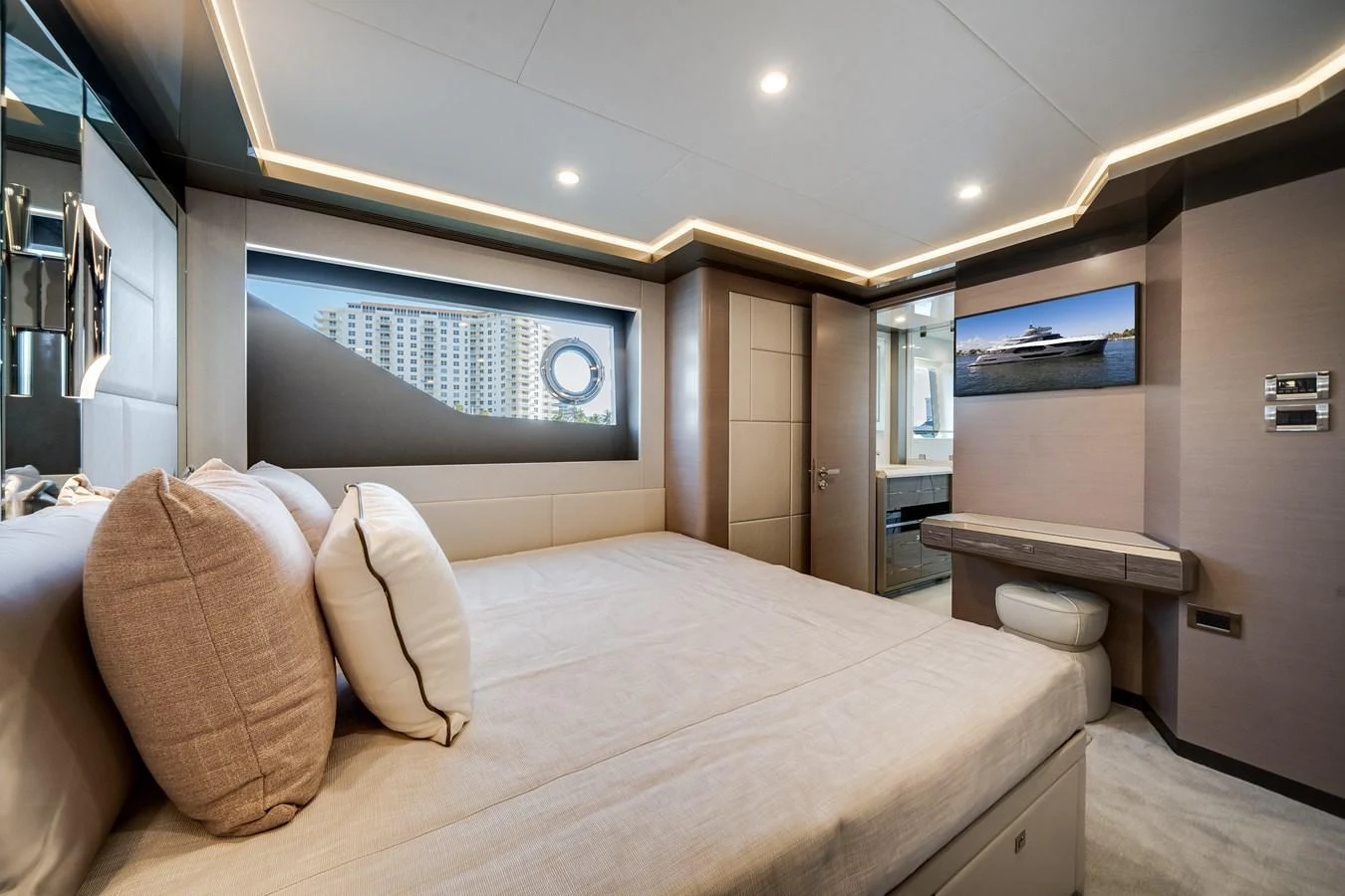 The stateroom offers a luxurious and comfortable sleeping area with modern decor and ample natural light. aboard OCEAN ALEXANDER 44G/01 Yacht for Sale