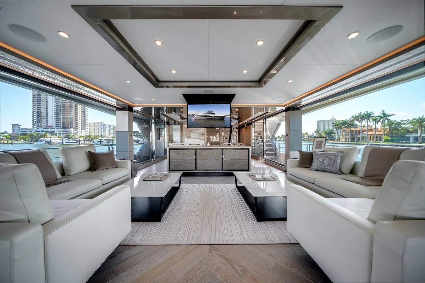 The salon offers a spacious and luxurious seating area with panoramic views. aboard OCEAN ALEXANDER 44G/01 Yacht for Sale