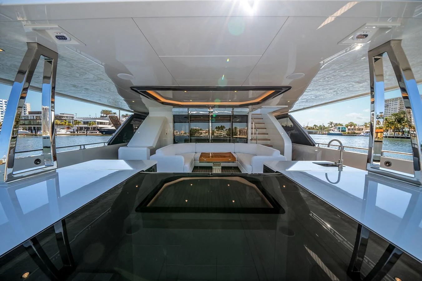 The aft deck offers a spacious and modern lounging area with panoramic views. aboard OCEAN ALEXANDER 44G/01 Yacht for Sale