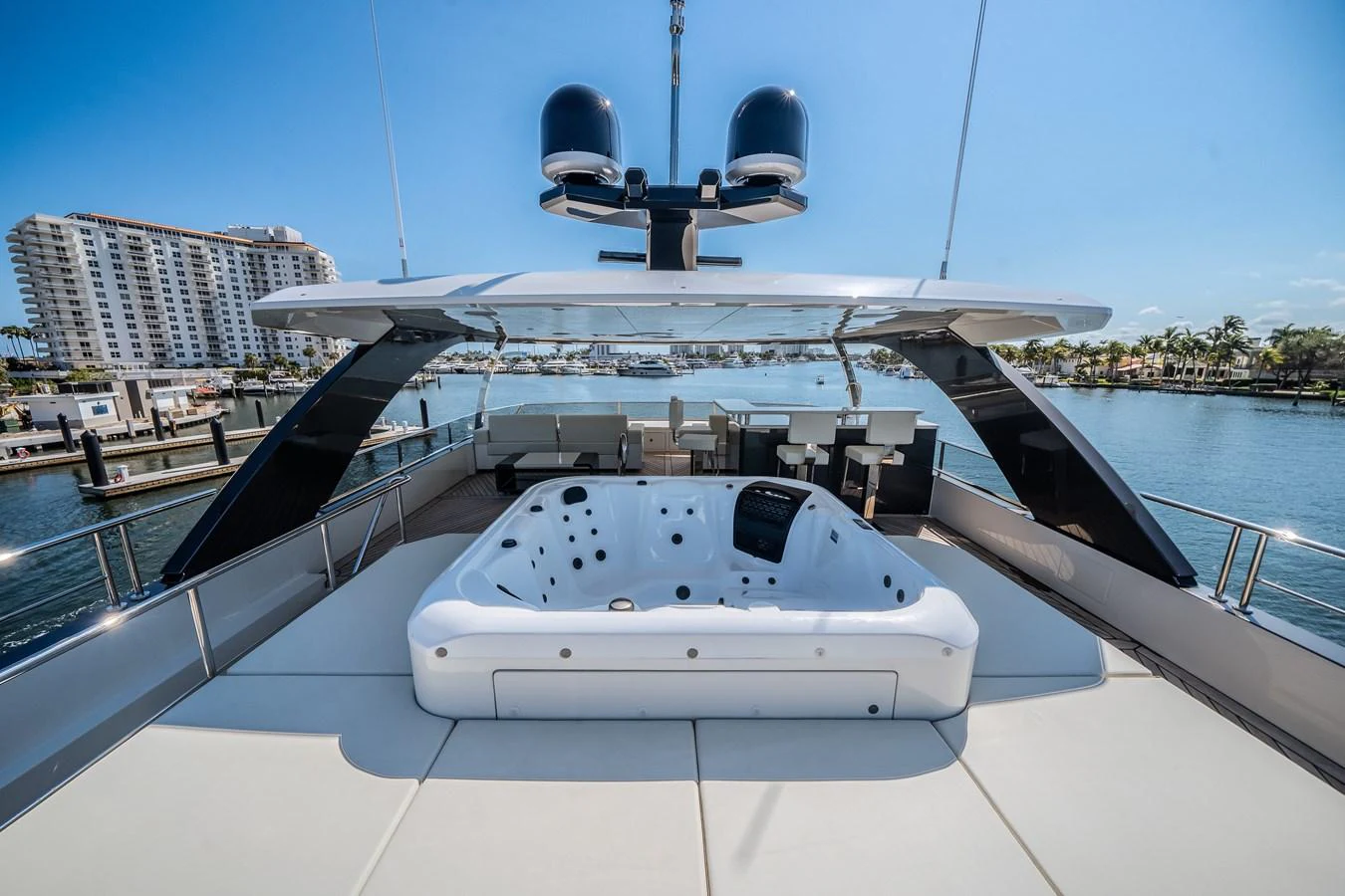 The sundeck features a luxurious jacuzzi with a stunning view of the marina. aboard OCEAN ALEXANDER 44G/01 Yacht for Sale