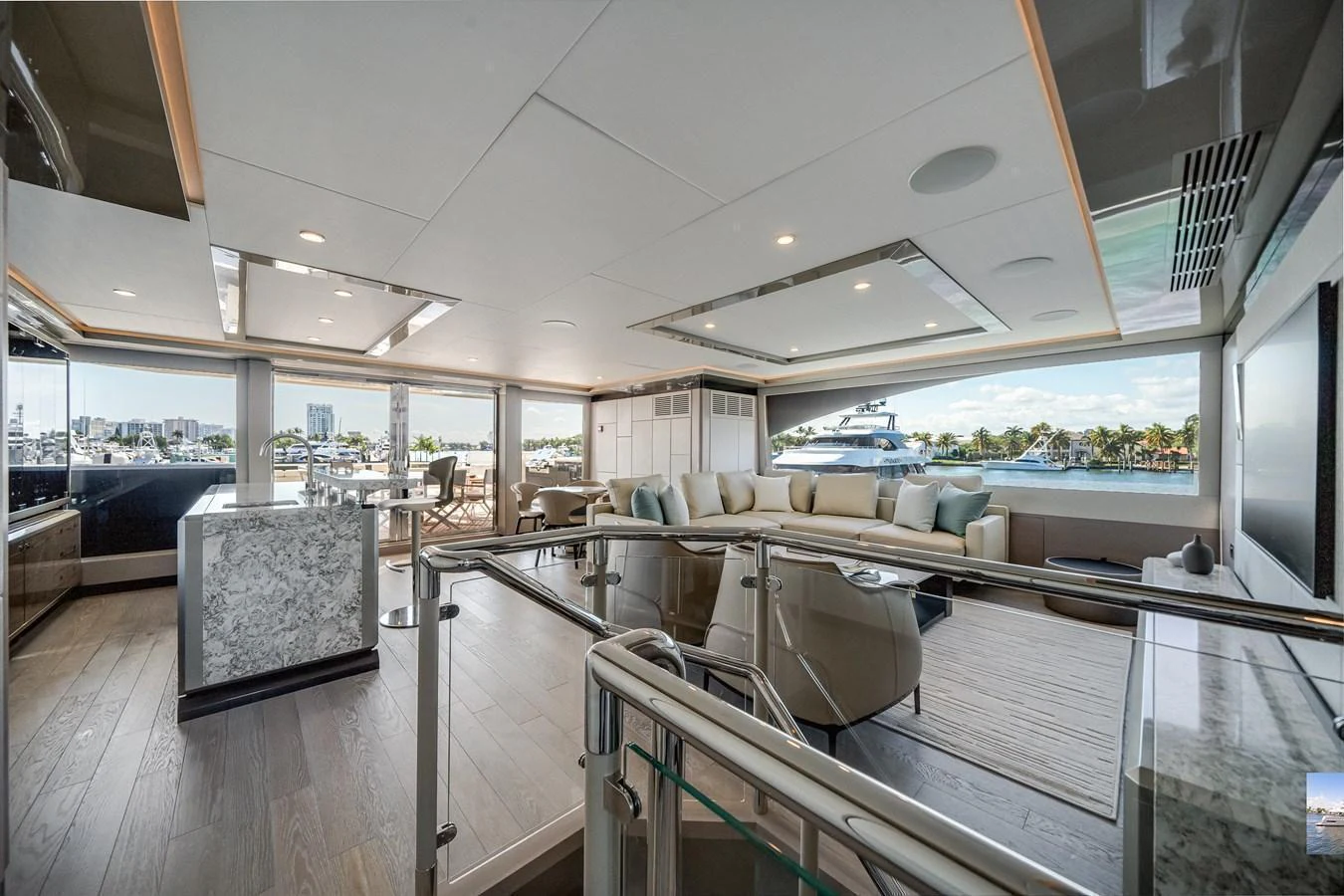 The spacious salon offers panoramic views and luxurious seating. aboard OCEAN ALEXANDER 44G/01 Yacht for Sale