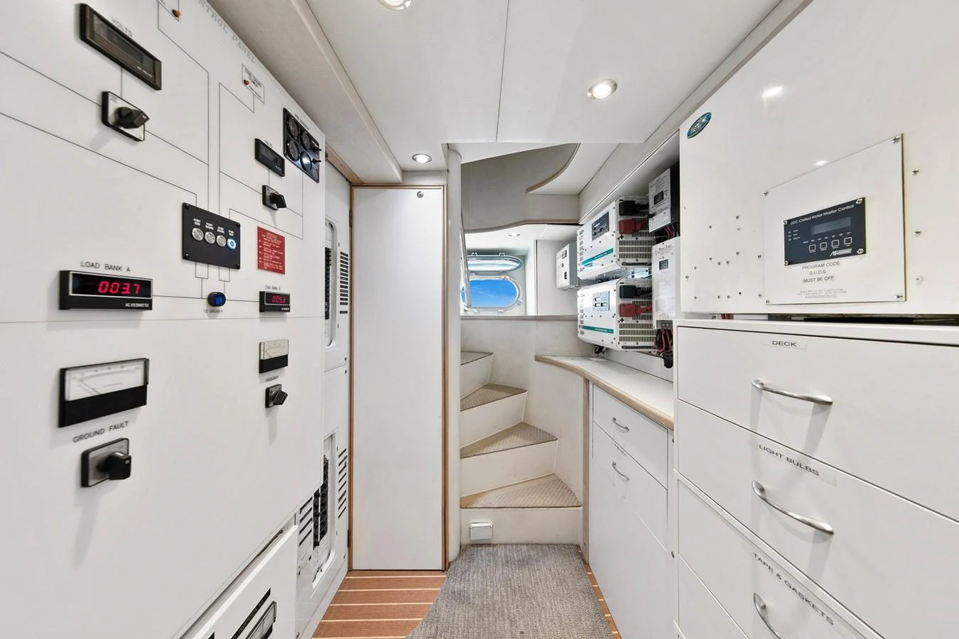 The yacht's engine room is equipped with advanced control panels and systems, ensuring optimal performance and safety. aboard GOLDEN BOY II Yacht for Sale