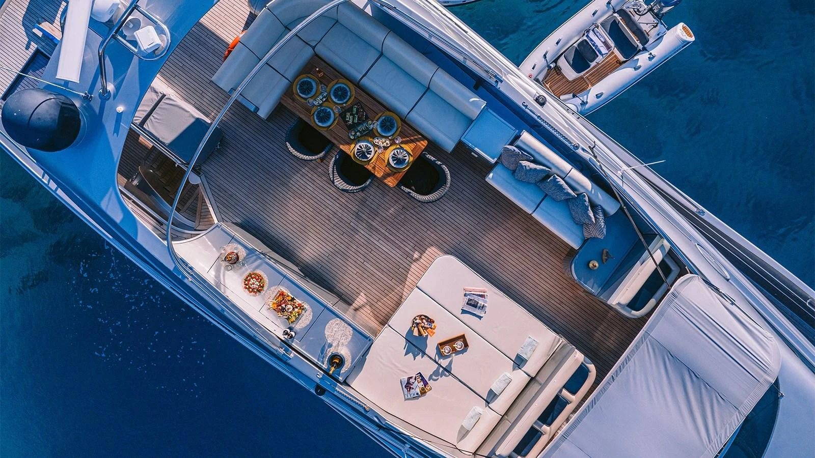 a ship with many different types of food on it aboard ELVI Yacht for Sale