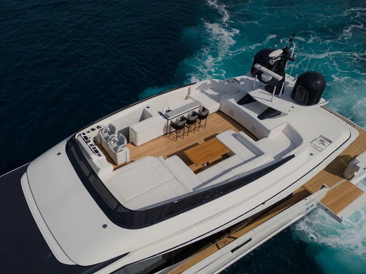 The flybridge of this yacht offers a spacious and stylish area for relaxation and entertainment with stunning views of the sea. aboard MINI Yacht for Sale