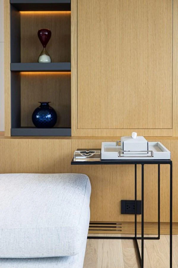 A tastefully decorated interior space featuring modern furnishings and elegant decor. aboard MINI Yacht for Sale