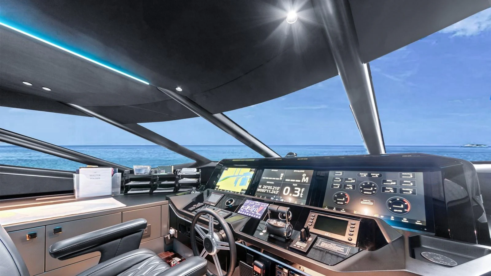 The helm station offers a state-of-the-art navigation experience with panoramic ocean views. aboard CONTESSA Yacht for Sale