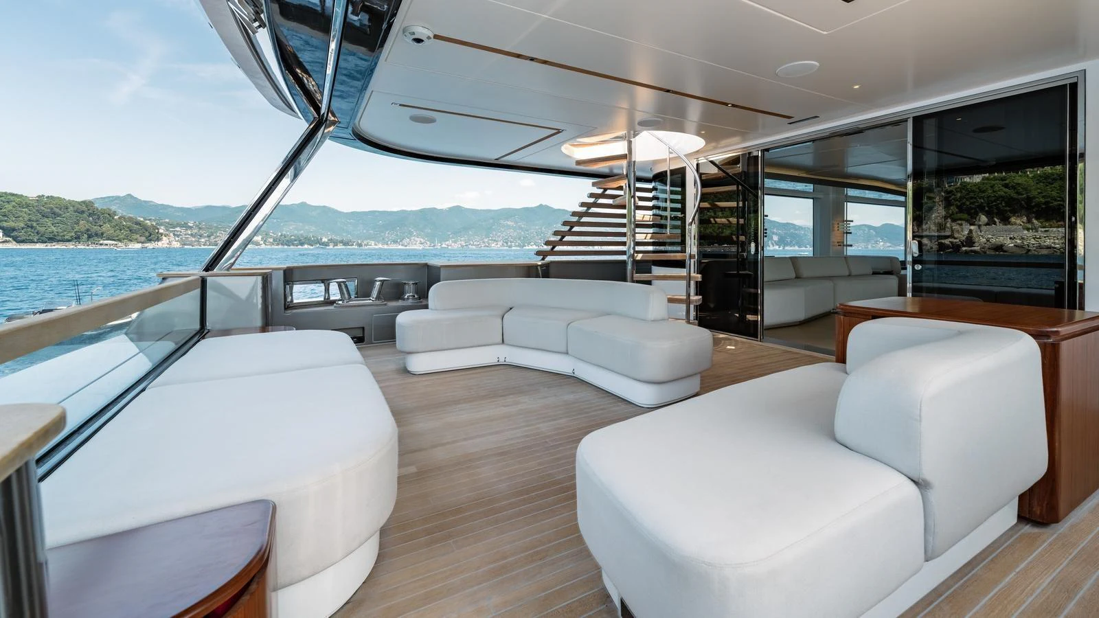 The spacious aft deck offers luxurious seating with stunning ocean views. aboard ARIA Yacht for Sale
