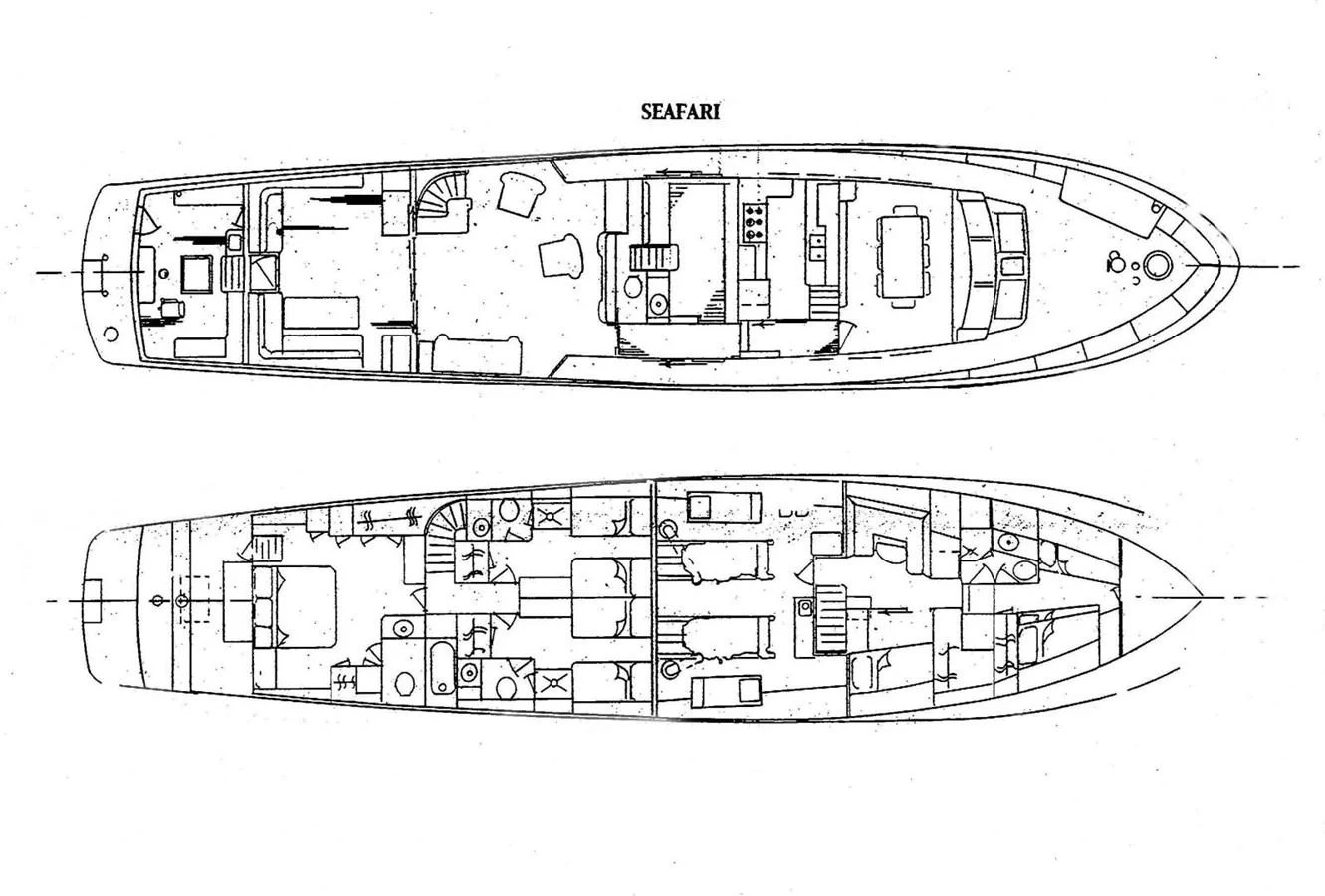 This image shows the layout plans of a yacht, detailing both the upper and lower decks. aboard SEAFARI Yacht for Sale
