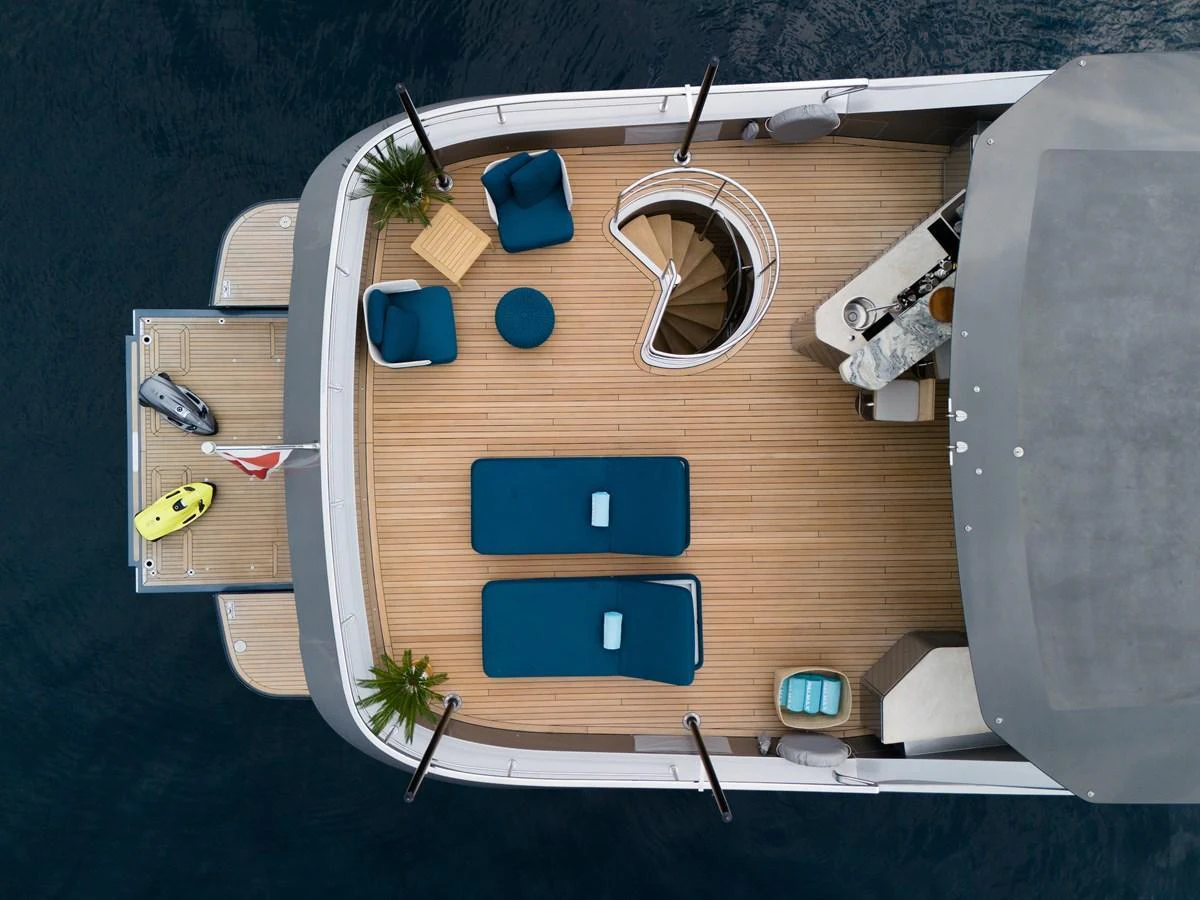 The aft deck offers a spacious and stylish area for relaxation and leisure. aboard PALMAX Yacht for Sale