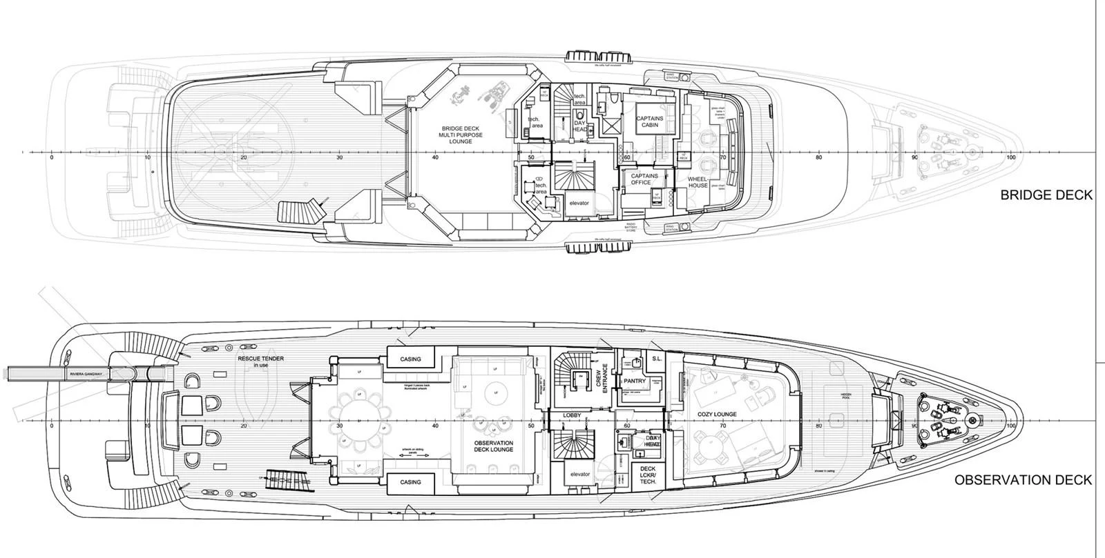 This image shows the detailed layout plans of a yacht, highlighting various decks and their respective areas. aboard PROMISE Yacht for Sale