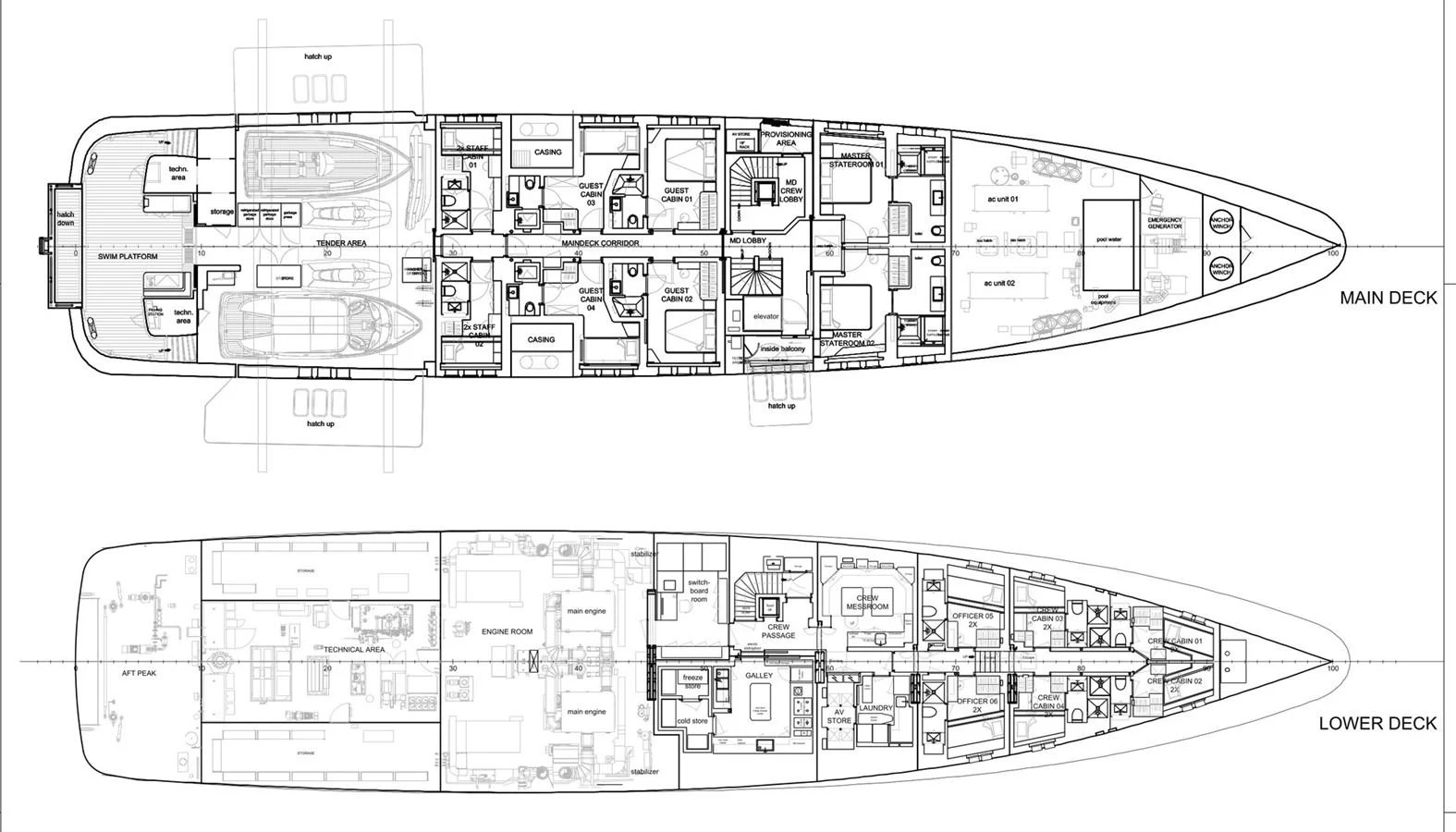 This is a detailed floor plan of a yacht, showcasing the layout of the main and lower decks. aboard PROMISE Yacht for Sale