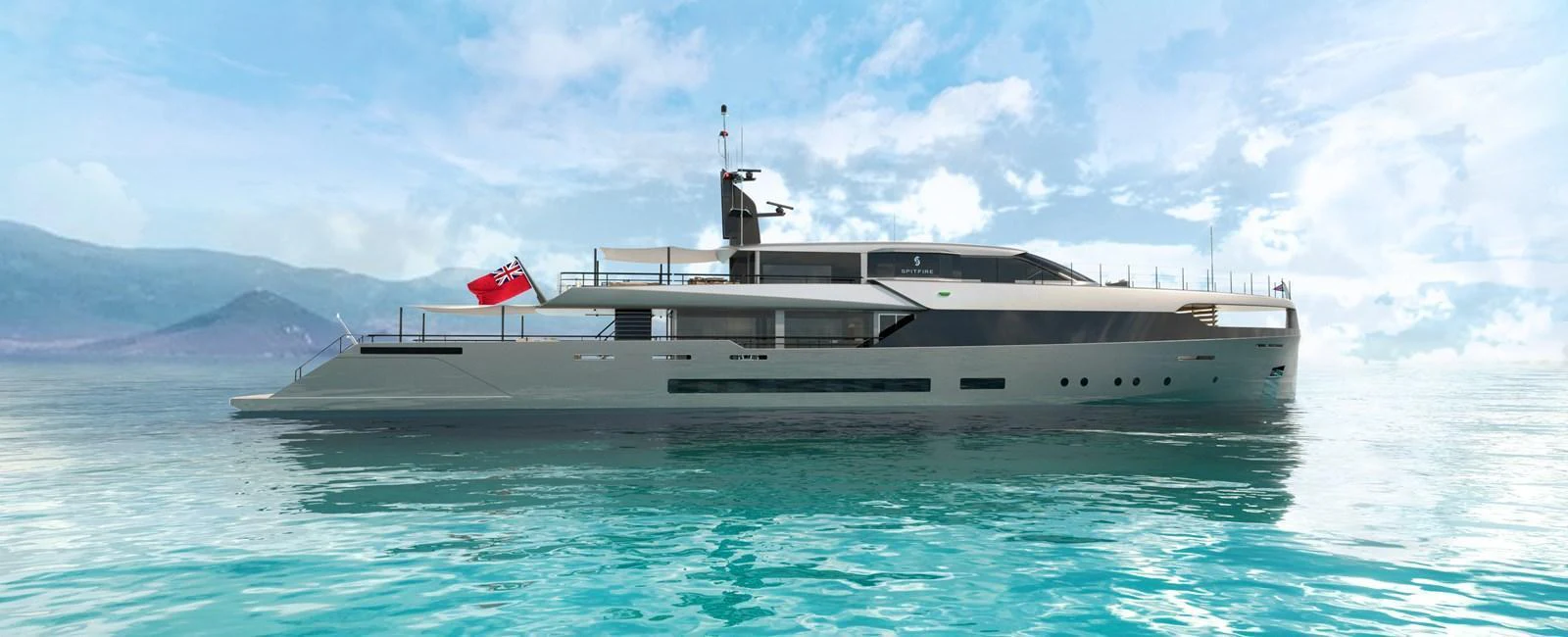 A sleek and modern yacht glides gracefully on calm waters under a bright sky. aboard SPITFIRE Yacht for Sale