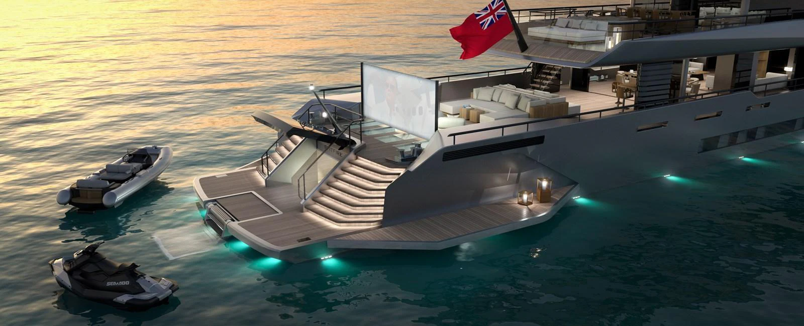 The yacht's aft deck features a luxurious lounging area with ambient lighting, perfect for evening relaxation. aboard SPITFIRE Yacht for Sale