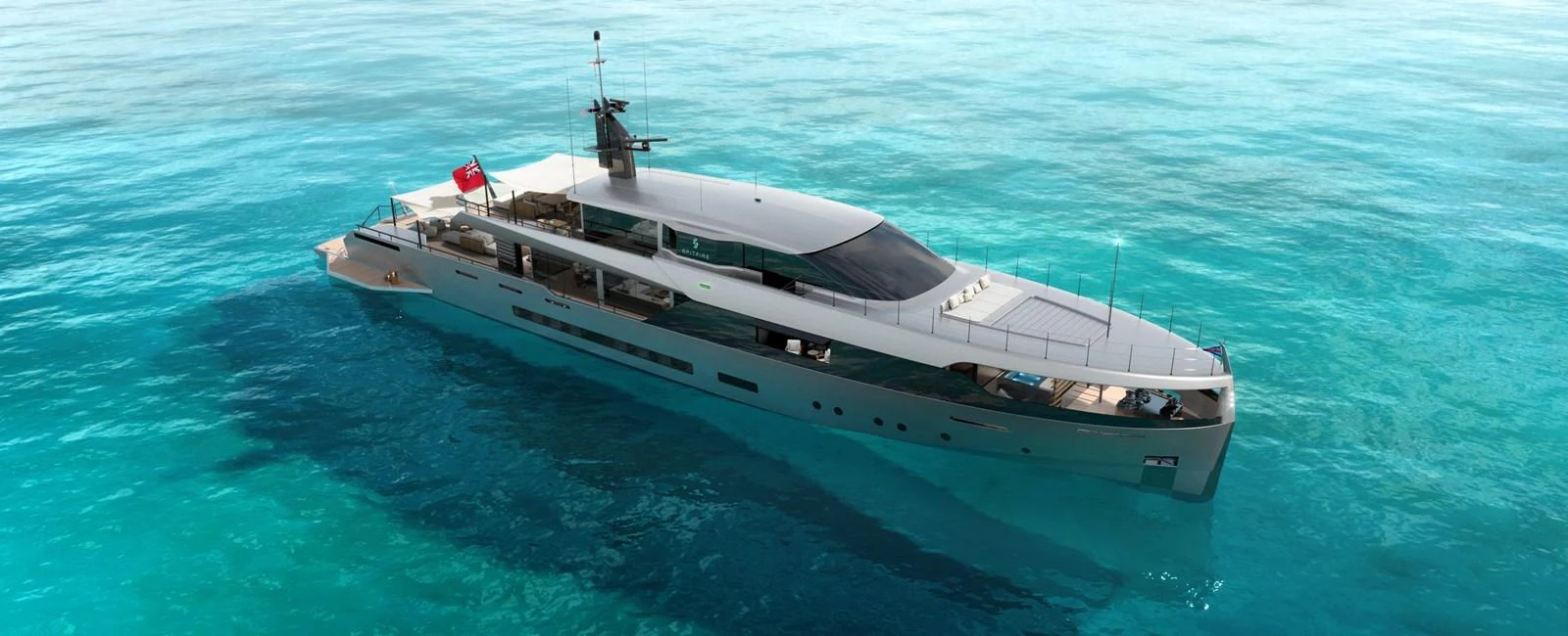 A sleek and modern yacht glides gracefully over clear turquoise waters. aboard SPITFIRE Yacht for Sale