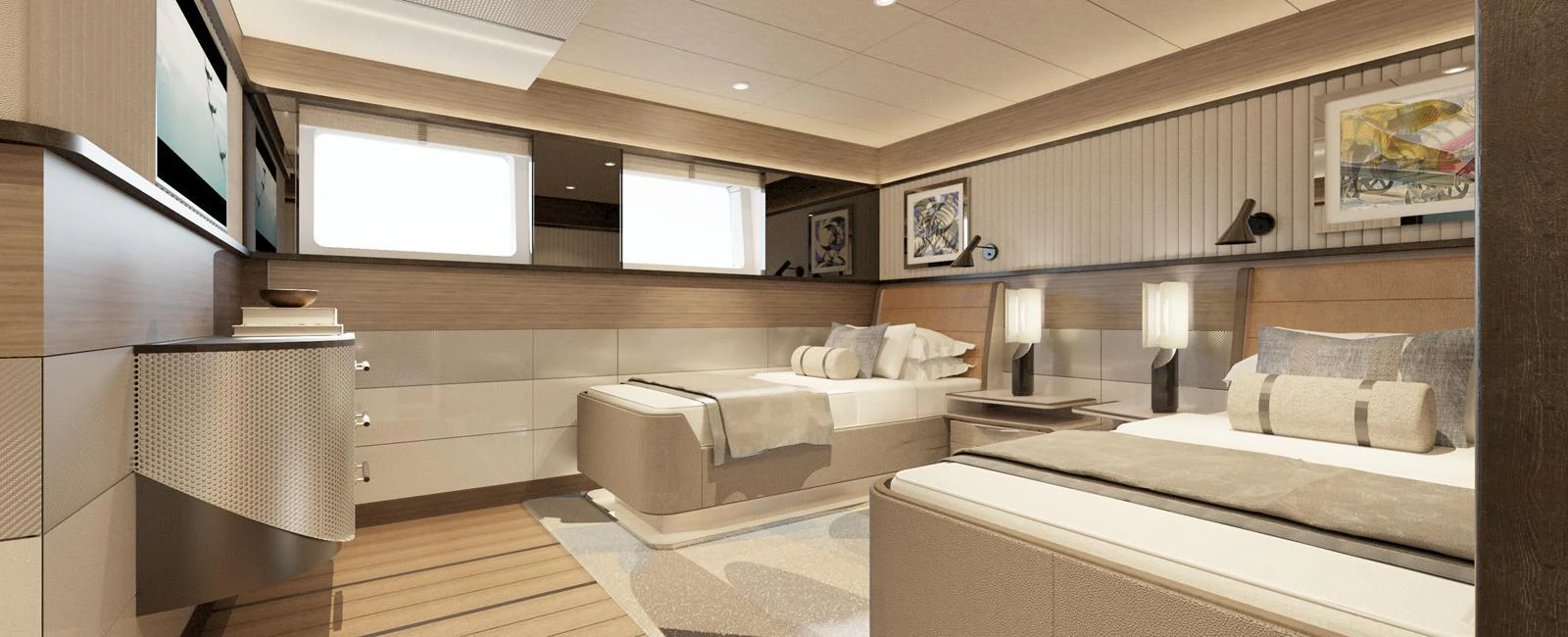 The guest stateroom features twin beds, elegant decor, and ample natural light. aboard SPITFIRE Yacht for Sale