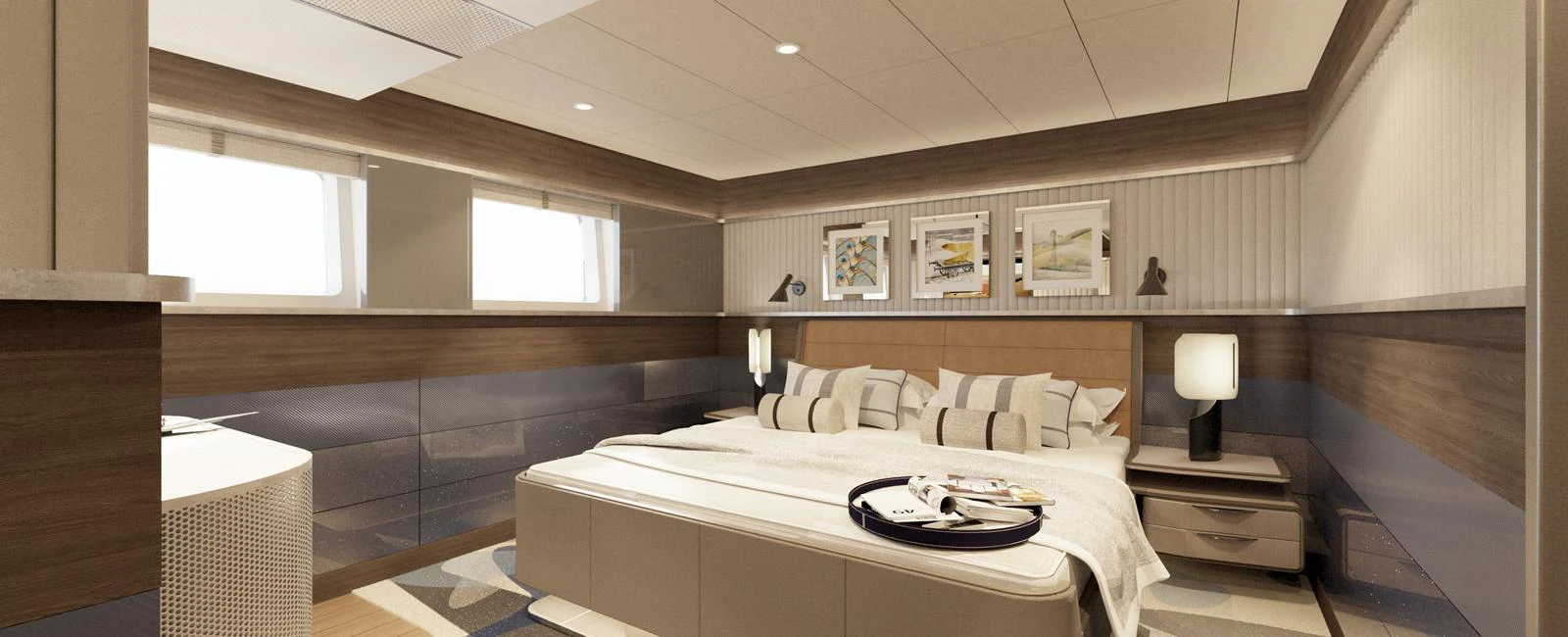 The master stateroom features a luxurious bed with elegant decor and ample natural light. aboard SPITFIRE Yacht for Sale