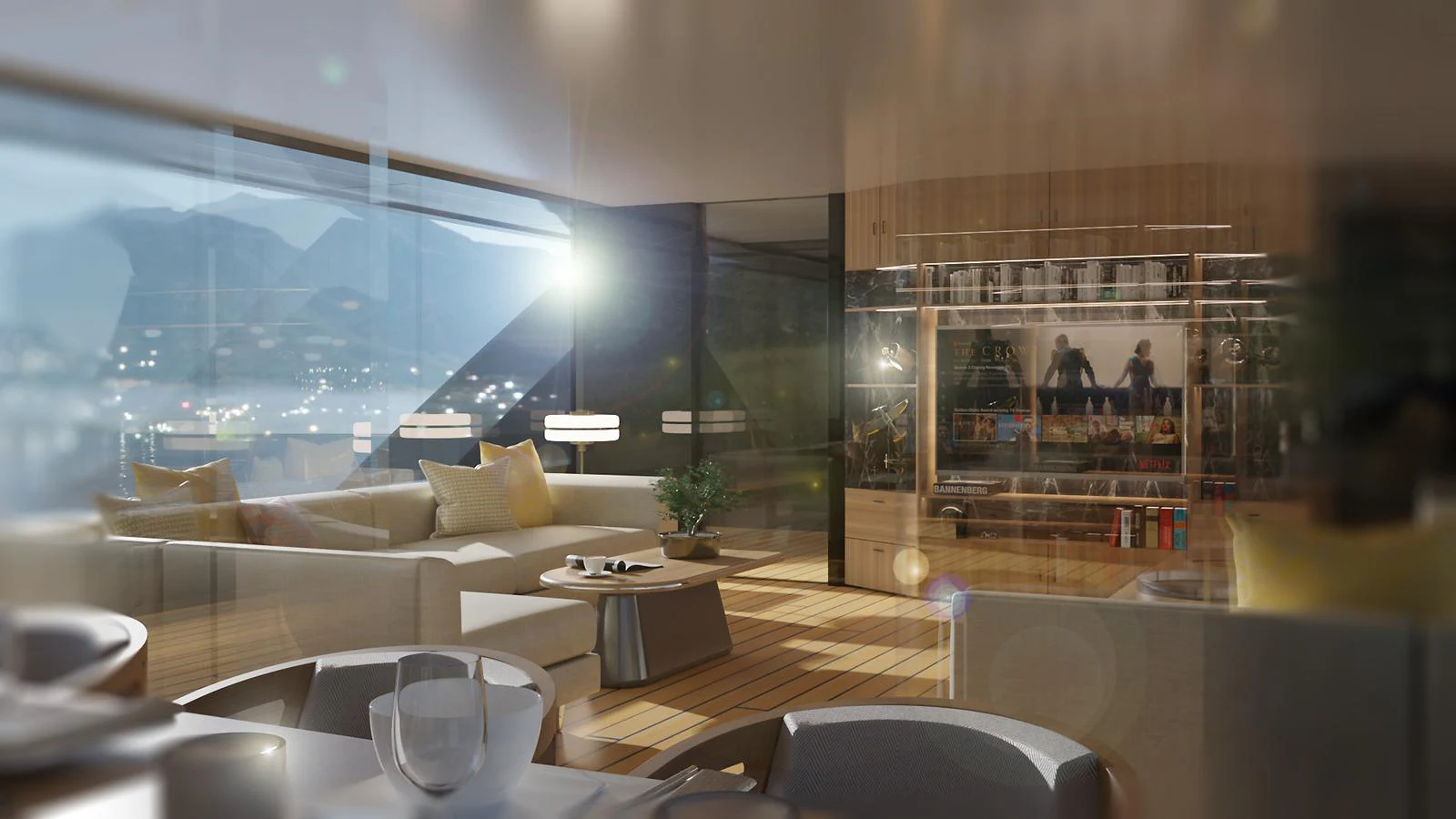 The yacht's salon features modern furnishings with large windows offering stunning views. aboard SPITFIRE Yacht for Sale