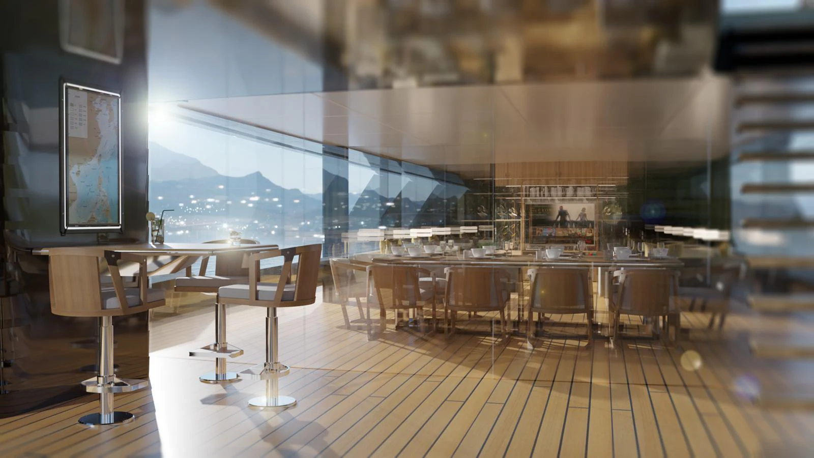 A luxurious dining area with panoramic views and modern furnishings. aboard SPITFIRE Yacht for Sale