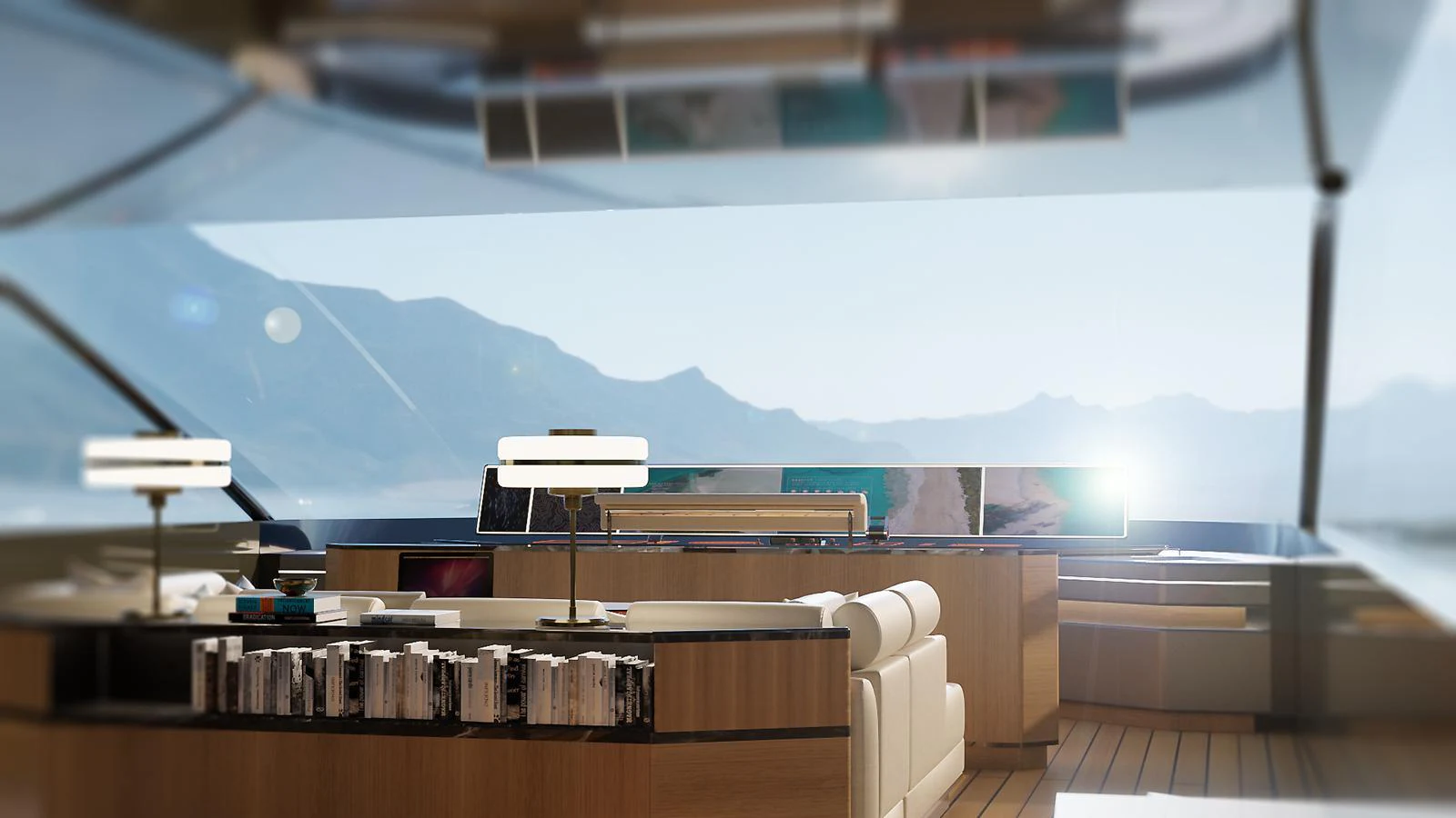 The yacht's salon features modern furnishings with panoramic views of the surrounding landscape. aboard SPITFIRE Yacht for Sale