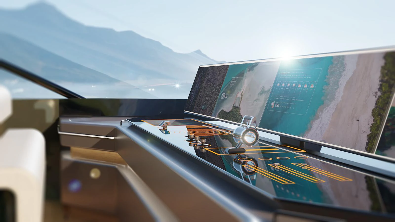 The helm station features advanced navigation technology with a sleek, modern design. aboard SPITFIRE Yacht for Sale