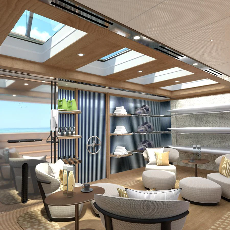 The yacht's interior features a stylish and modern lounge area with ample natural light from the skylights. aboard SPITFIRE Yacht for Sale