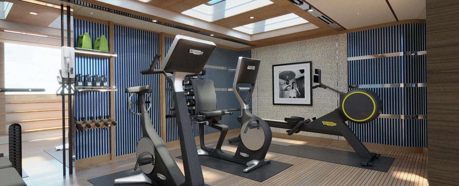 The yacht features a well-equipped gym with modern fitness equipment and stylish decor. aboard SPITFIRE Yacht for Sale