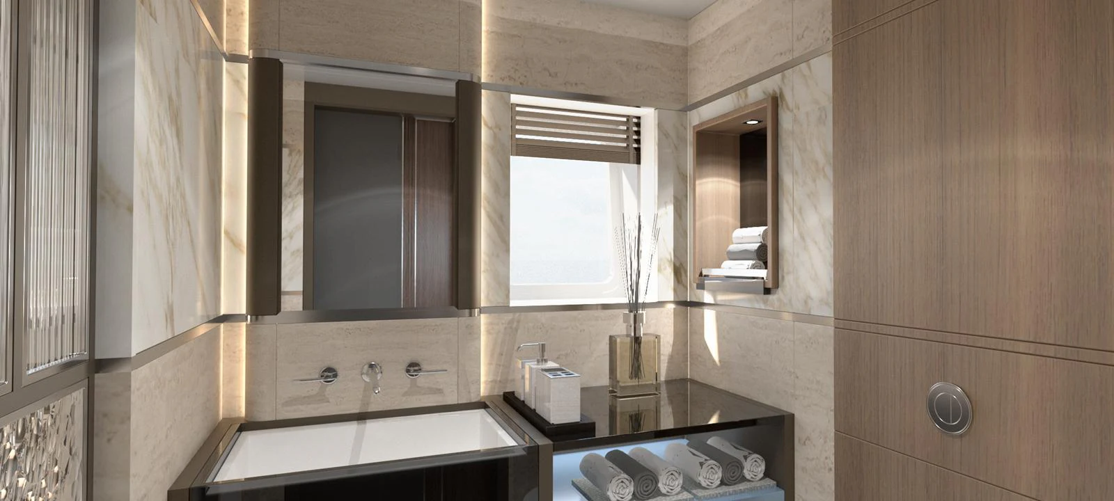 The yacht's bathroom features modern fixtures and elegant design with ample natural light. aboard SPITFIRE Yacht for Sale