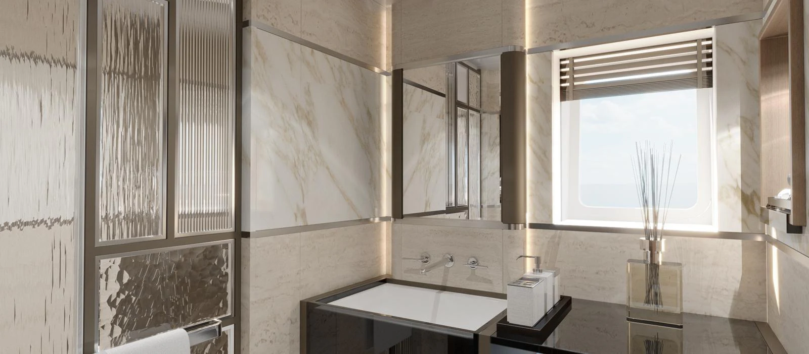 The bathroom features elegant marble surfaces and modern fixtures, creating a luxurious and serene atmosphere. aboard SPITFIRE Yacht for Sale
