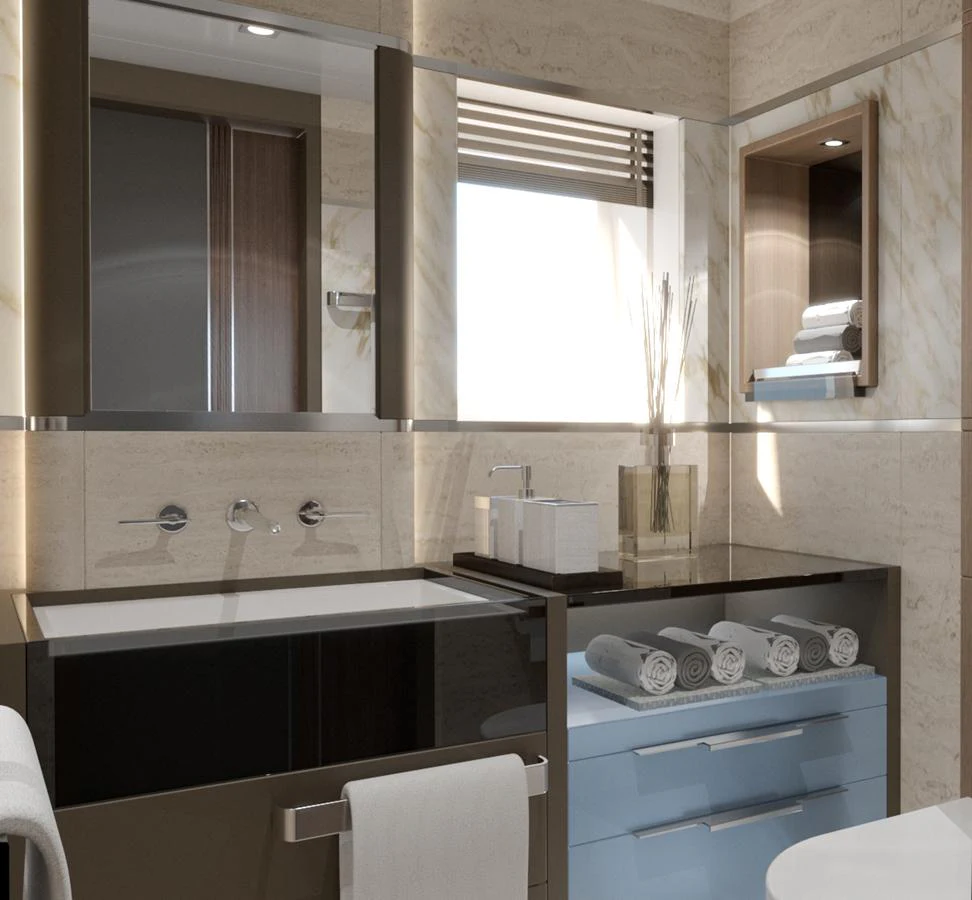 The yacht's bathroom features modern fixtures and elegant design with ample storage space. aboard SPITFIRE Yacht for Sale