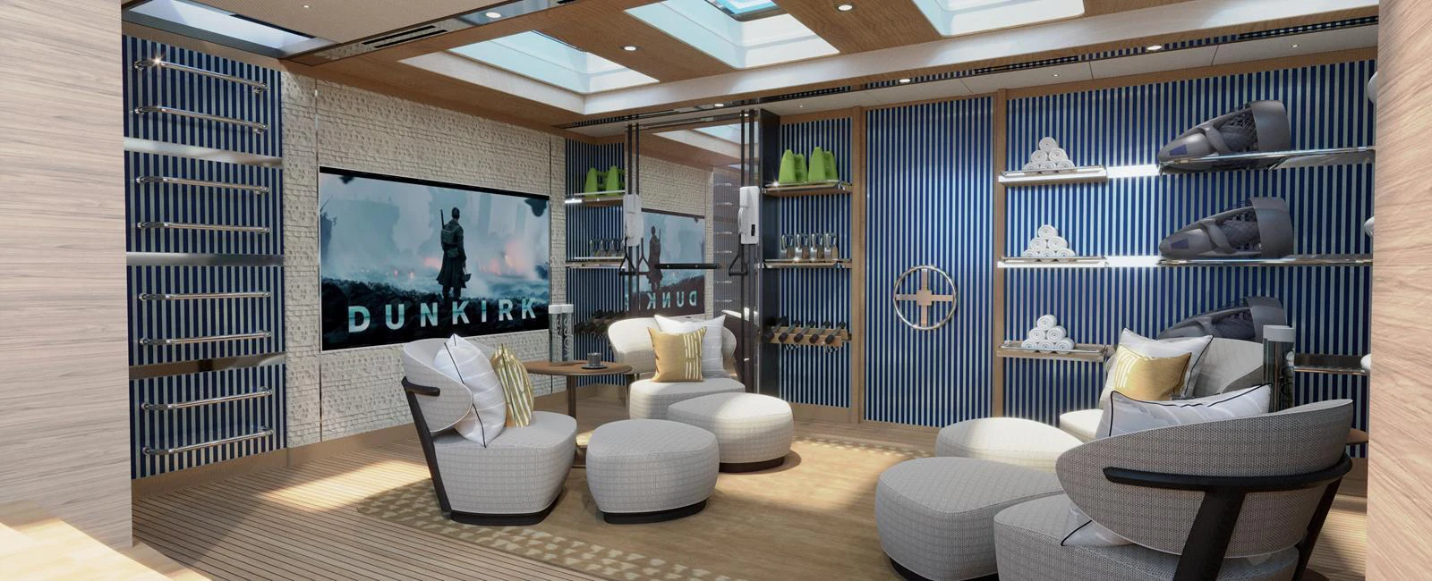 The yacht's lounge area features modern decor with comfortable seating and a large screen for entertainment. aboard SPITFIRE Yacht for Sale