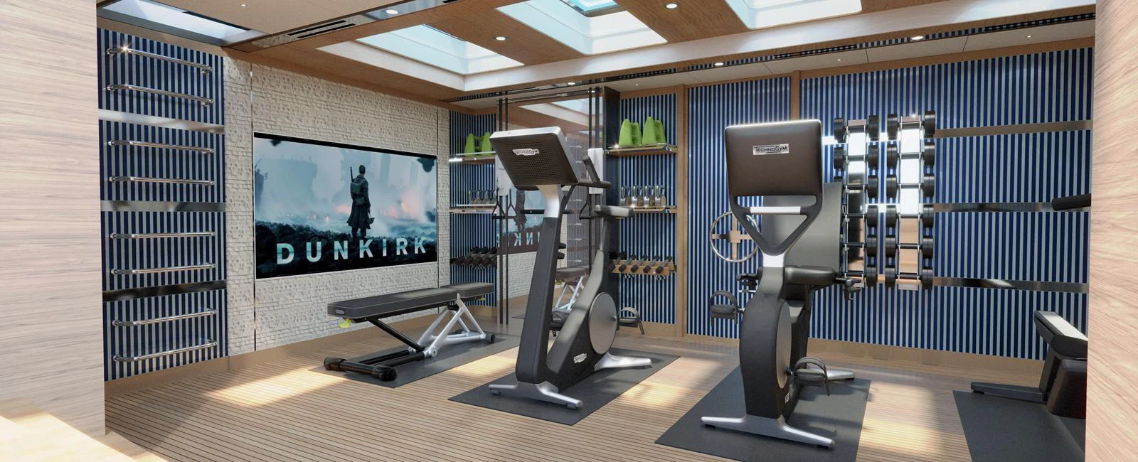 The yacht features a state-of-the-art gym with modern equipment and a large screen for entertainment. aboard SPITFIRE Yacht for Sale