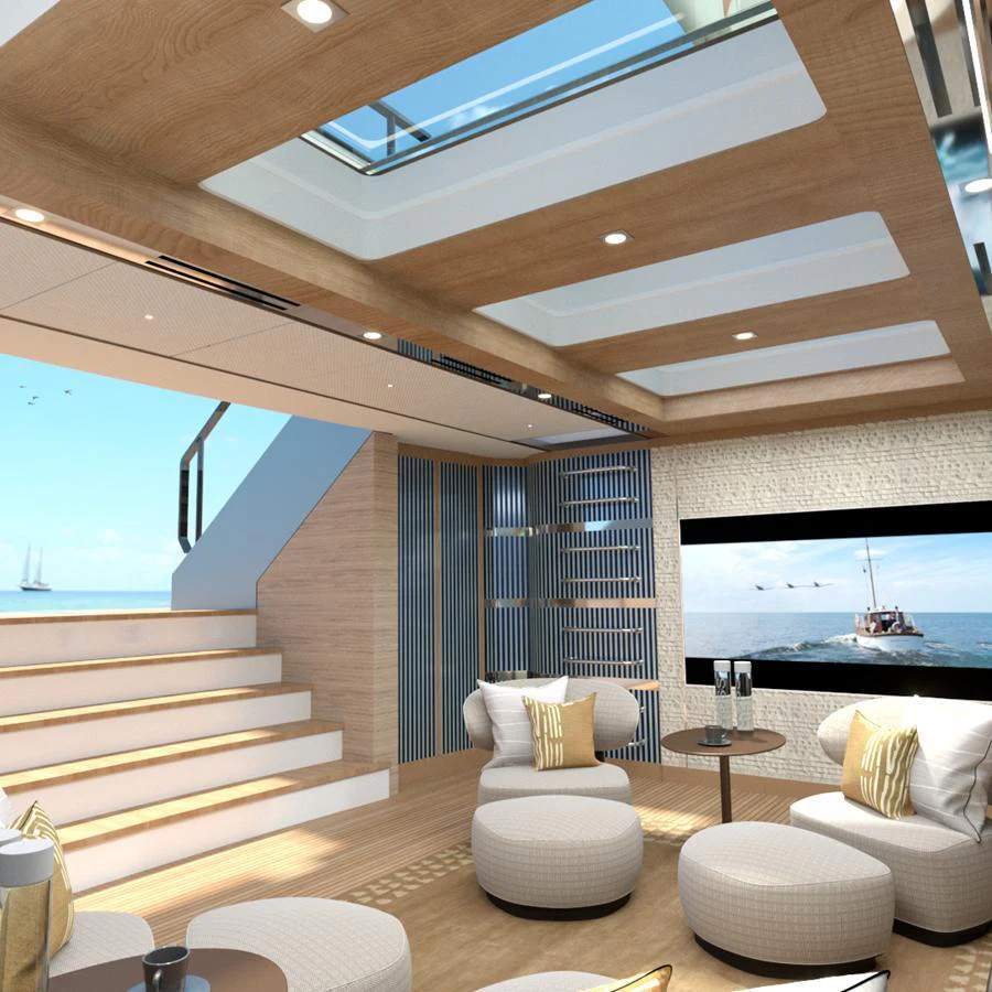 The salon features a modern design with ample natural light from the skylight and large windows. aboard SPITFIRE Yacht for Sale