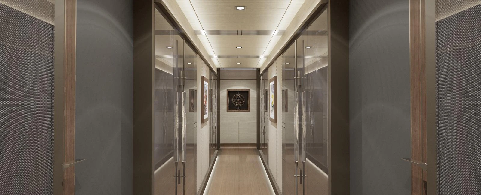 A sleek and modern hallway with elegant lighting and sophisticated decor. aboard SPITFIRE Yacht for Sale