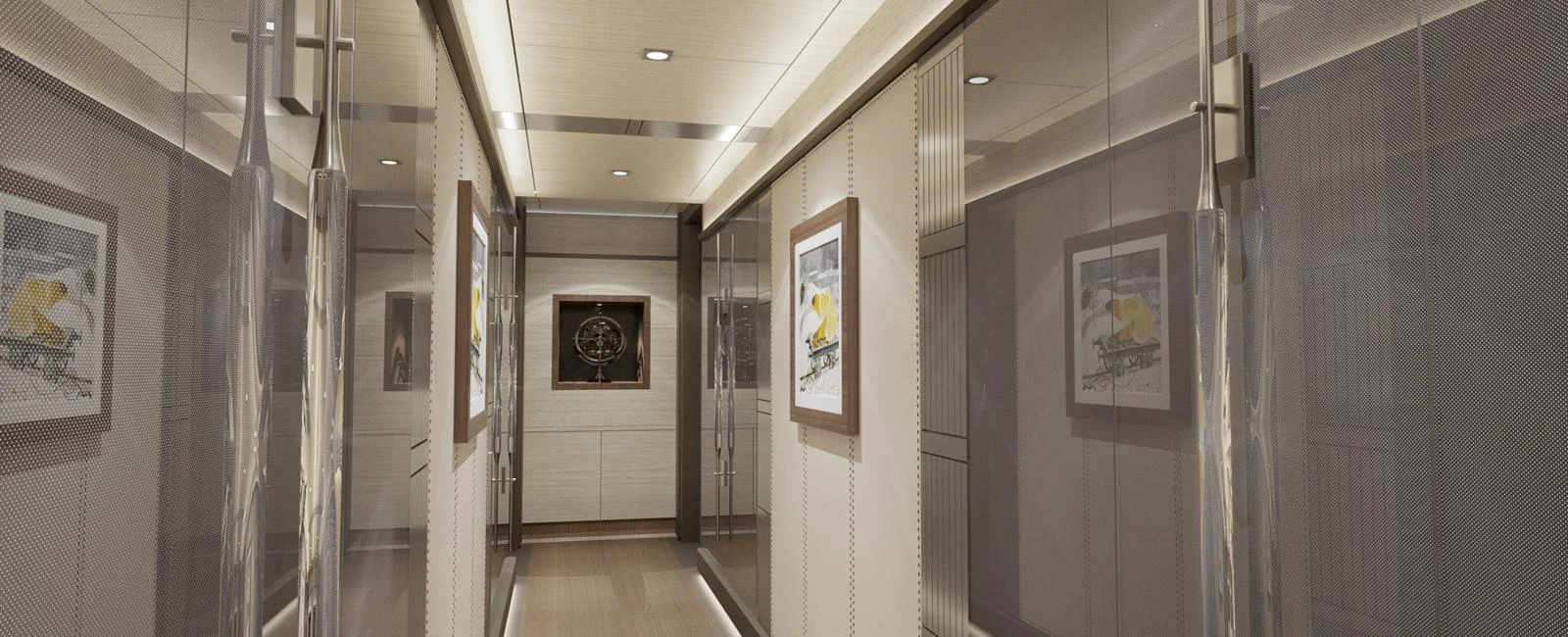 A sleek and modern hallway with elegant artwork and soft lighting. aboard SPITFIRE Yacht for Sale