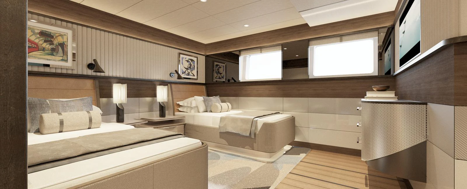 The guest stateroom features twin beds, elegant decor, and ample natural light. aboard SPITFIRE Yacht for Sale