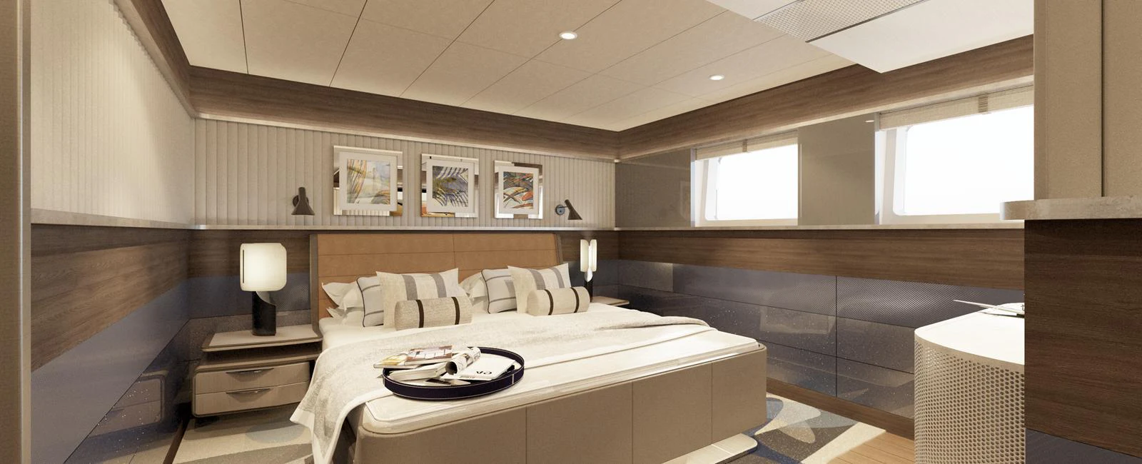 The master stateroom offers a spacious and elegantly designed retreat with modern furnishings and ample natural light. aboard SPITFIRE Yacht for Sale